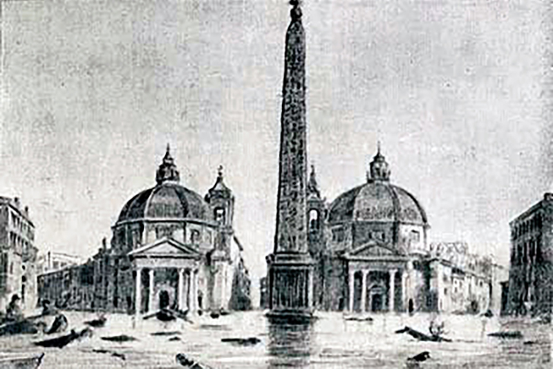 Immagine da una stampa dell'epoca di Piazza del Popolo a Roma in seguito all'inondazione del 1870